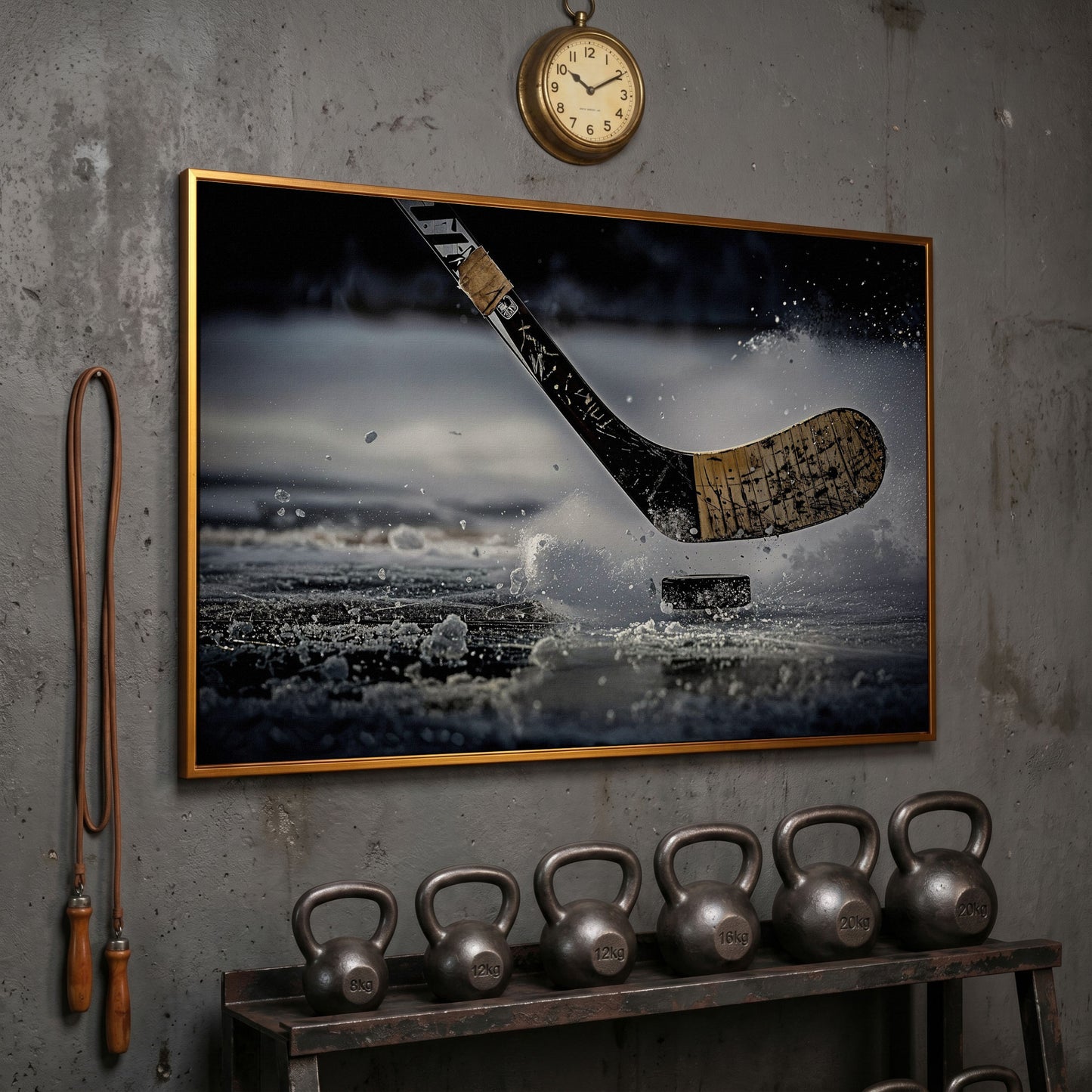 Hockey Stick Hitting Puck on Ice, Dynamic Ice Splash Canvas Art in antique gold floating frame