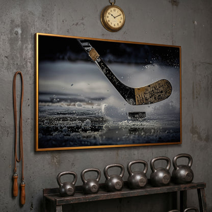 Hockey Stick Hitting Puck on Ice, Dynamic Ice Splash Canvas Art in antique gold floating frame
