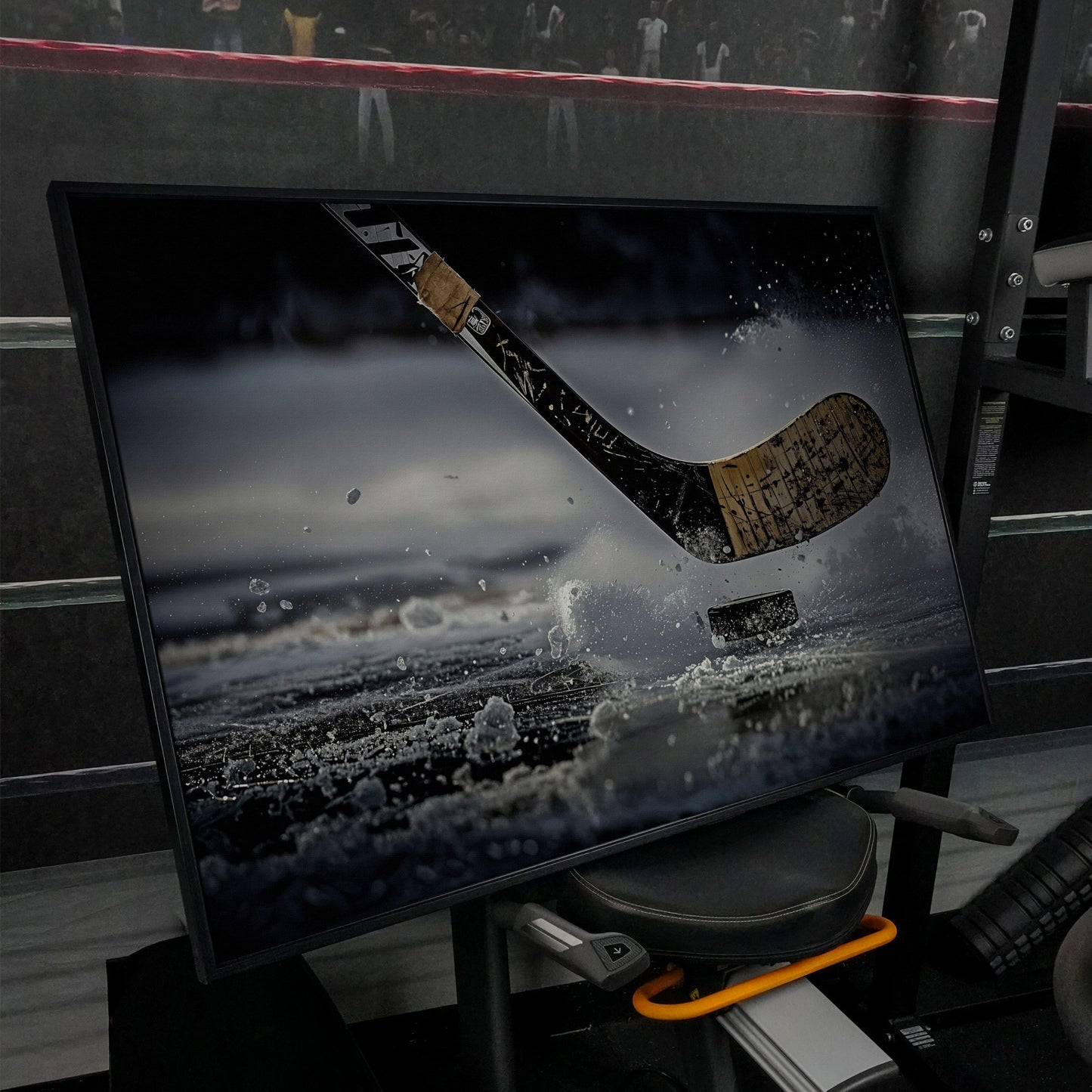Hockey Stick Hitting Puck on Ice, Dynamic Ice Splash Canvas Art in black floating frame