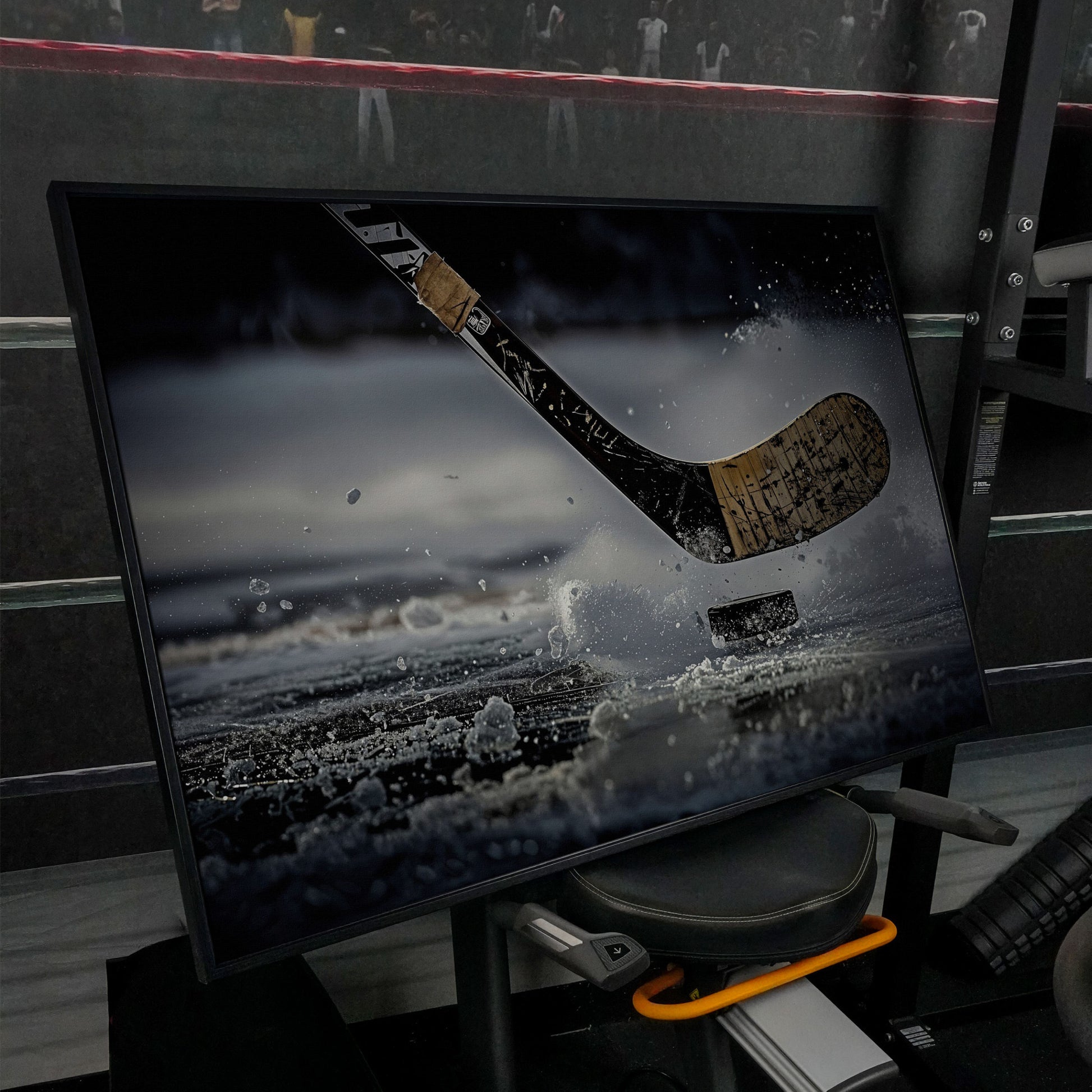 Hockey Stick Hitting Puck on Ice, Dynamic Ice Splash Canvas Art in black floating frame