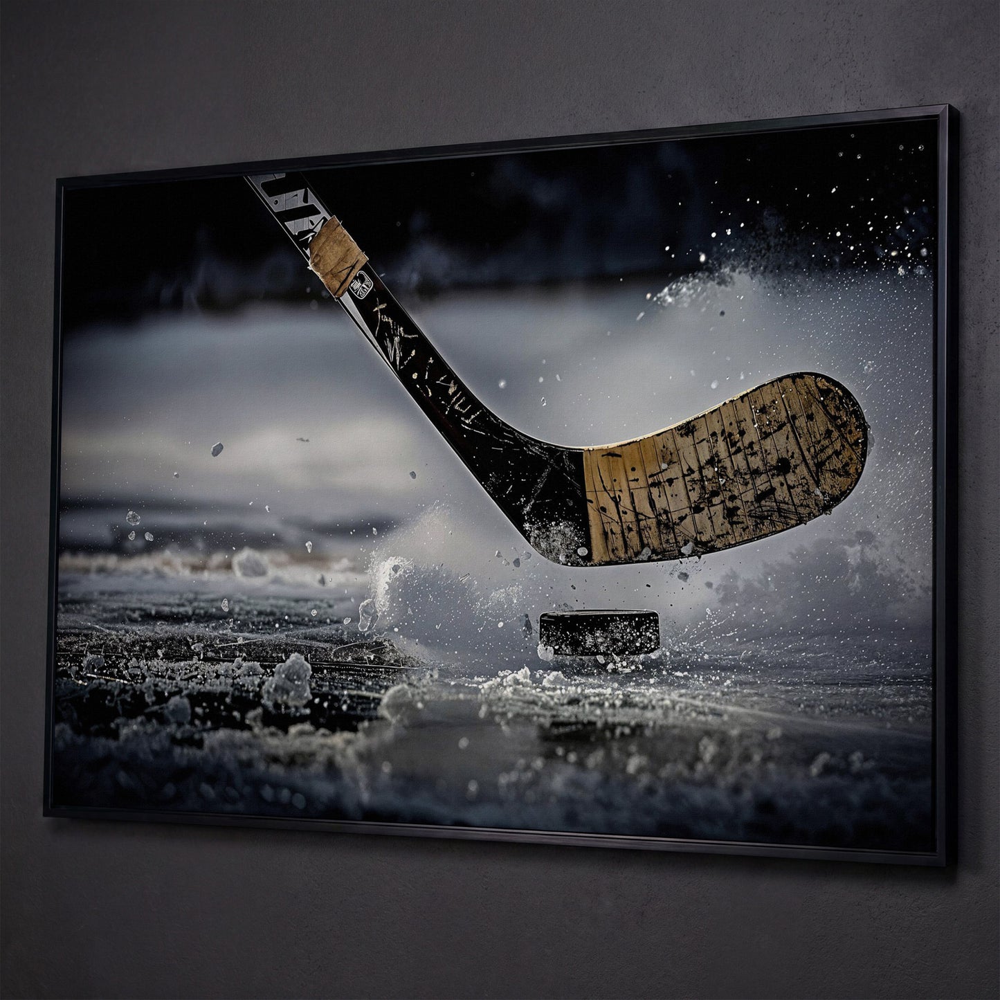Hockey Stick Hitting Puck on Ice, Dynamic Ice Splash Canvas Art shown in black floating frame