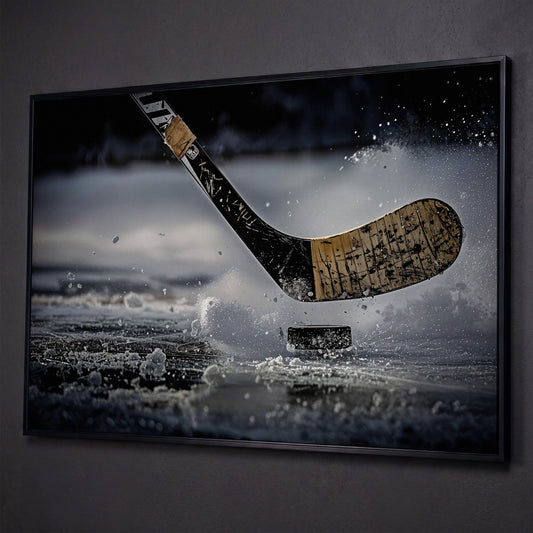 Hockey Stick Hitting Puck on Ice, Dynamic Ice Splash Canvas Art shown in black floating frame