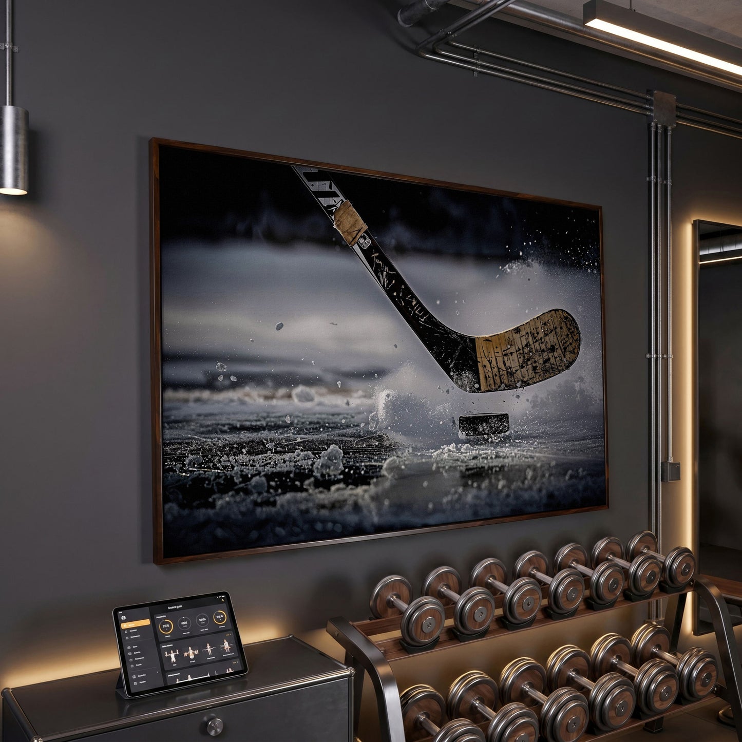Hockey Stick Hitting Puck on Ice, Dynamic Ice Splash Canvas Art in dark walnut floating frame