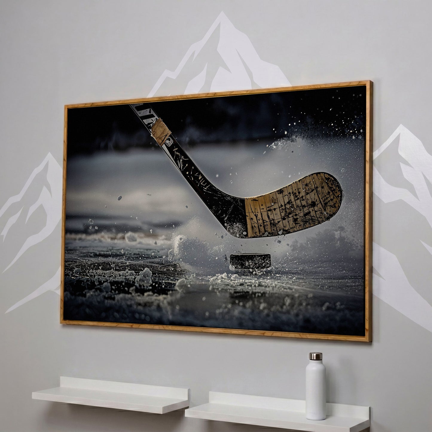 Hockey Stick Hitting Puck on Ice, Dynamic Ice Splash Canvas Art in white oak floating frame