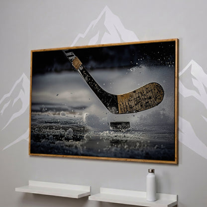 Hockey Stick Hitting Puck on Ice, Dynamic Ice Splash Canvas Art in white oak floating frame