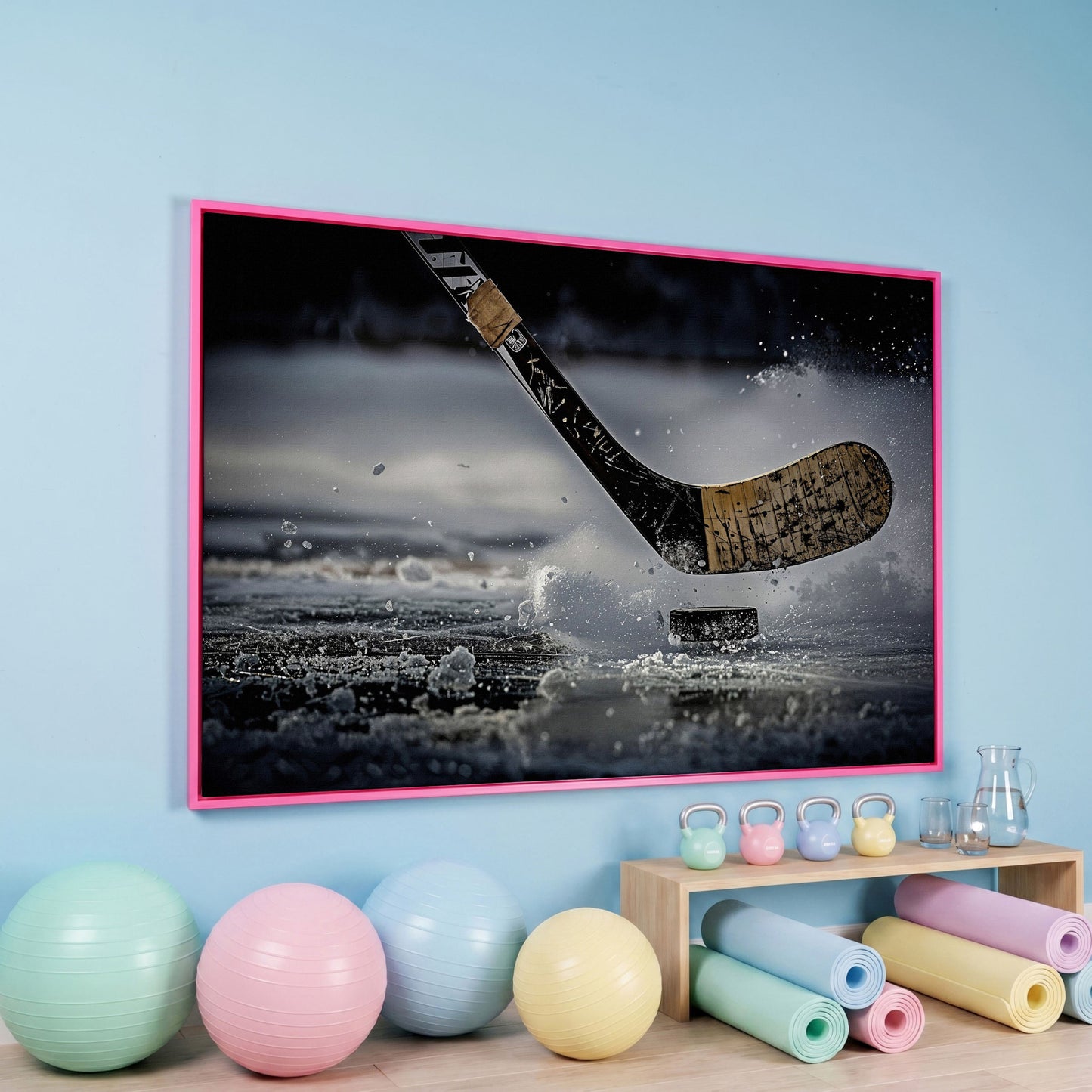 Hockey Stick Hitting Puck on Ice, Dynamic Ice Splash Canvas Art in pink floating frame