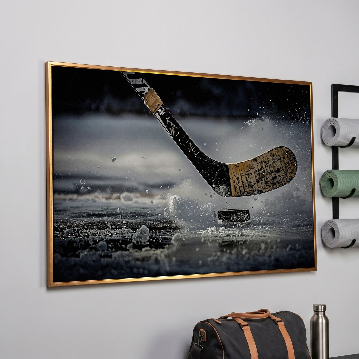 Hockey Stick Hitting Puck on Ice, Dynamic Ice Splash Canvas Art in rose gold floating frame