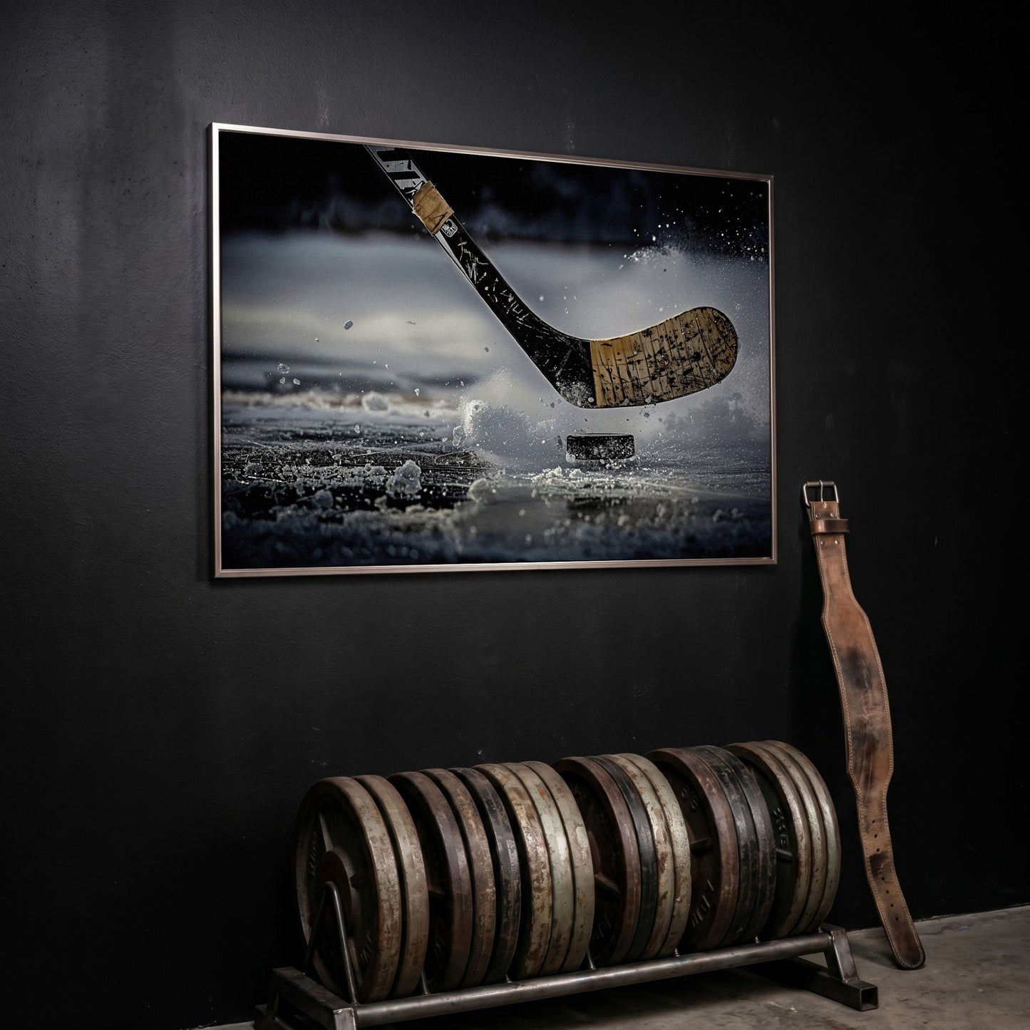 Hockey Stick Hitting Puck on Ice, Dynamic Ice Splash Canvas Art in silver floating frame