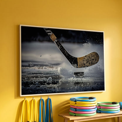 Hockey Stick Hitting Puck on Ice, Dynamic Ice Splash Canvas Art in white floating frame