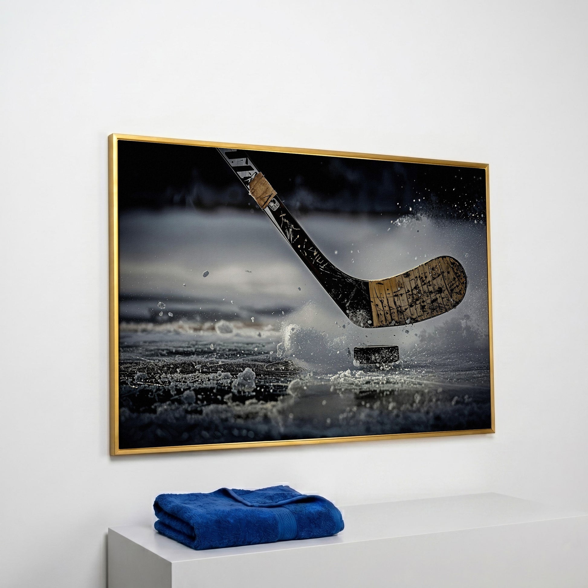 Hockey Stick Hitting Puck on Ice, Dynamic Ice Splash Canvas Art in yellow gold floating frame