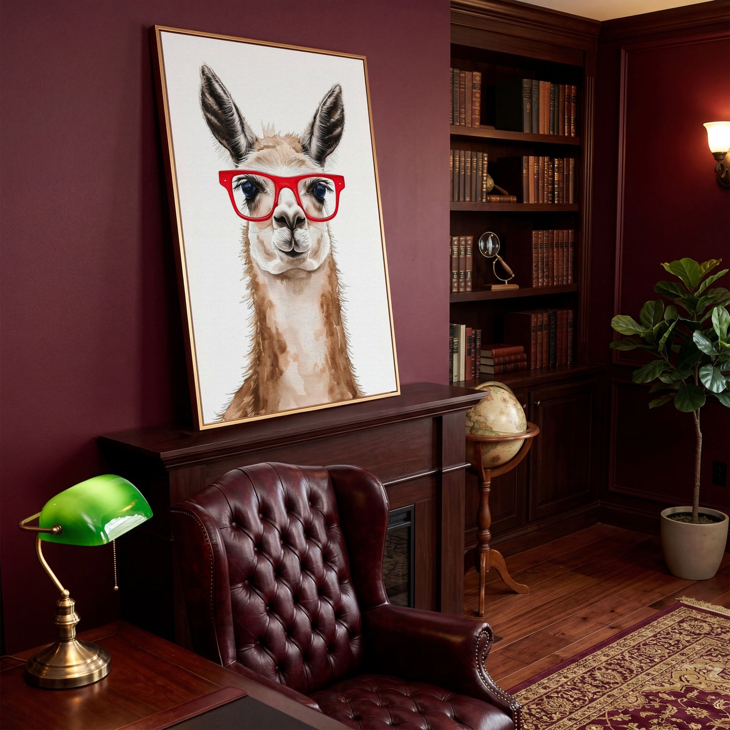 Llama in Red Glasses Canvas Wall Art, Funny Animal Portrait in antique gold floating frame