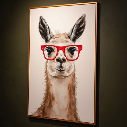 Llama in Red Glasses Canvas Wall Art, Funny Animal Portrait shown in antique gold floating frame