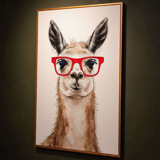 Llama in Red Glasses Canvas Wall Art, Funny Animal Portrait shown in antique gold floating frame