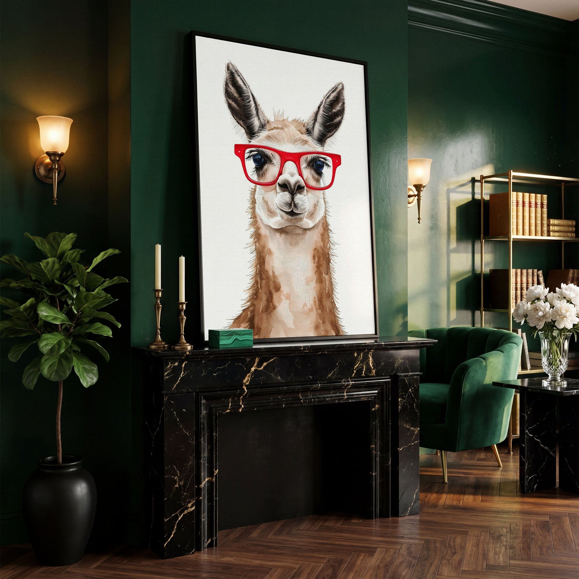 Llama in Red Glasses Canvas Wall Art, Funny Animal Portrait in black floating frame