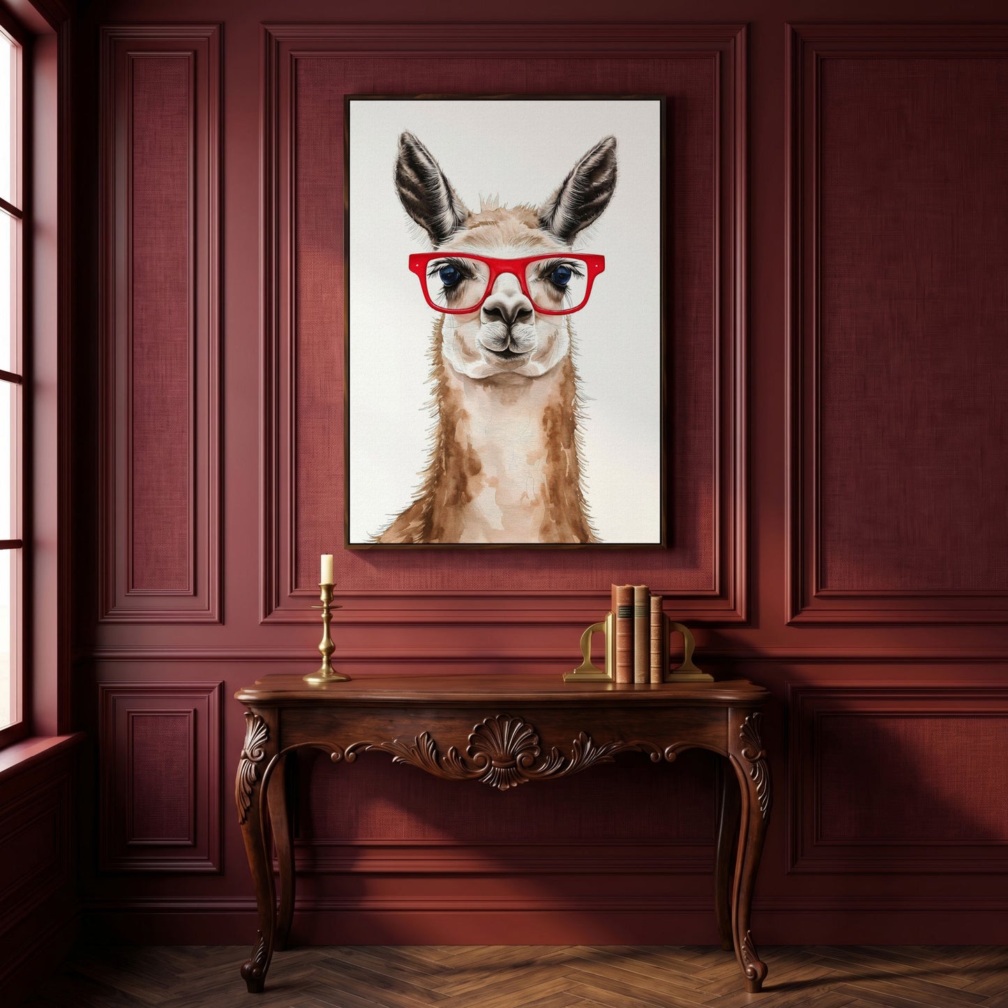 Llama in Red Glasses Canvas Wall Art, Funny Animal Portrait in dark walnut floating frame