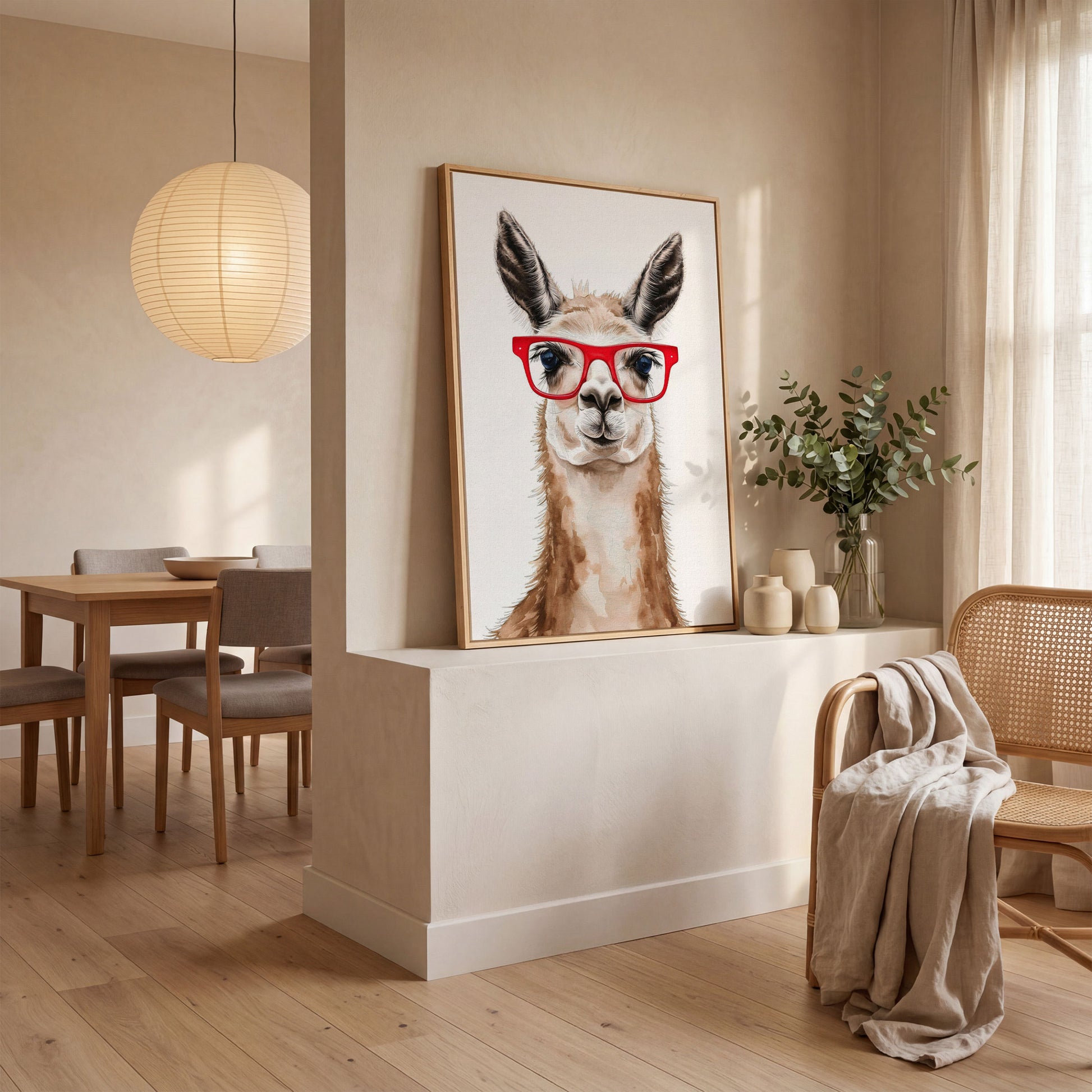 Llama in Red Glasses Canvas Wall Art, Funny Animal Portrait in white oak floating frame
