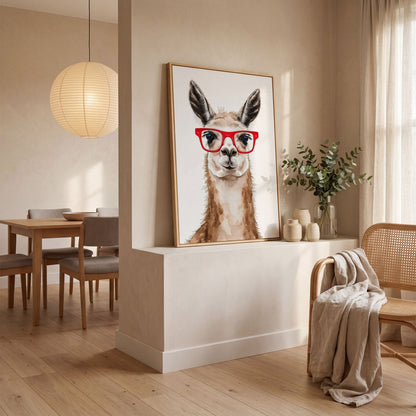 Llama in Red Glasses Canvas Wall Art, Funny Animal Portrait in white oak floating frame