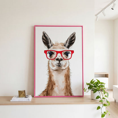 Llama in Red Glasses Canvas Wall Art, Funny Animal Portrait in pink floating frame