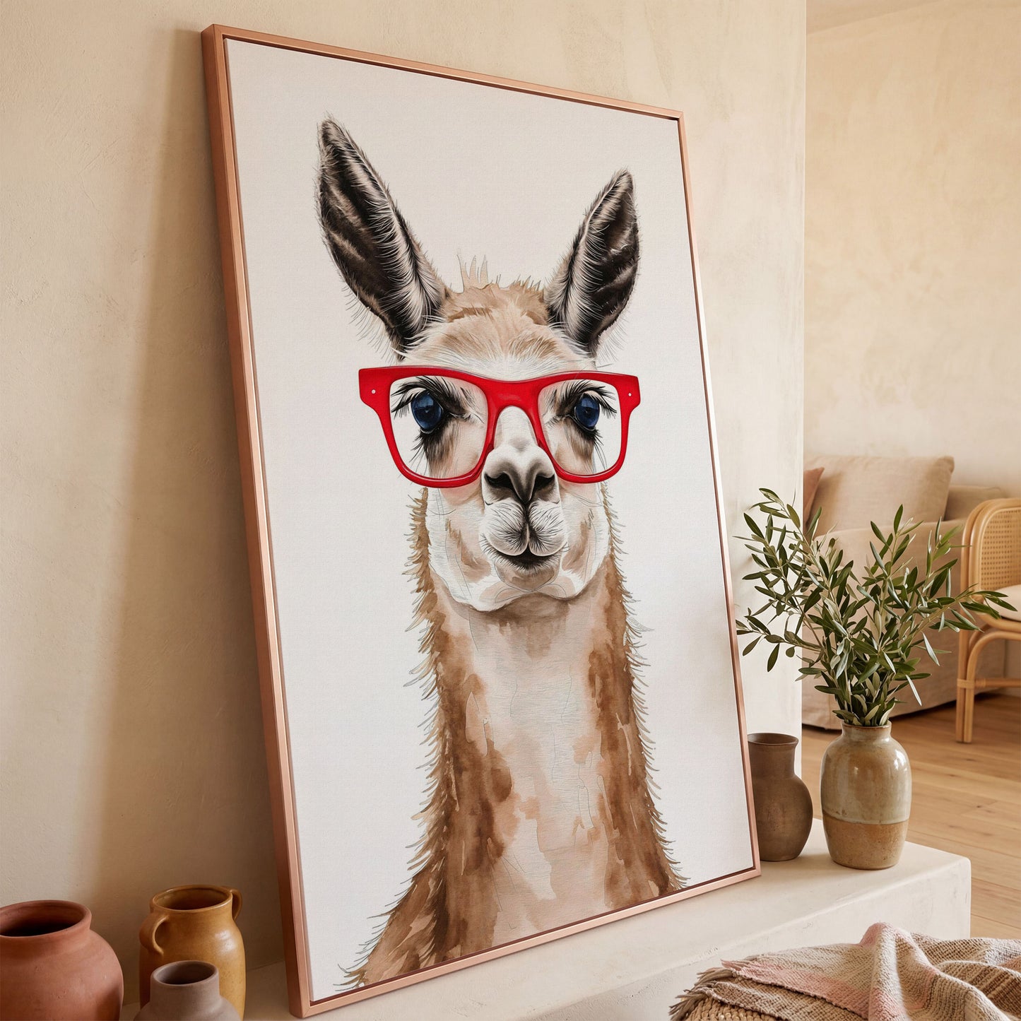 Llama in Red Glasses Canvas Wall Art, Funny Animal Portrait in rose gold floating frame
