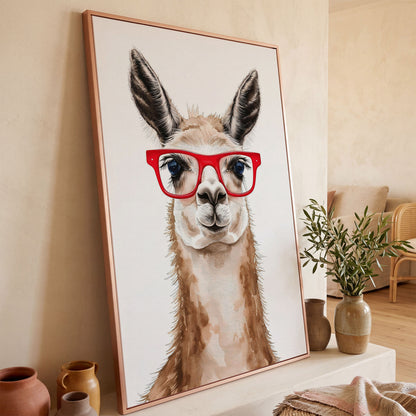 Llama in Red Glasses Canvas Wall Art, Funny Animal Portrait in rose gold floating frame