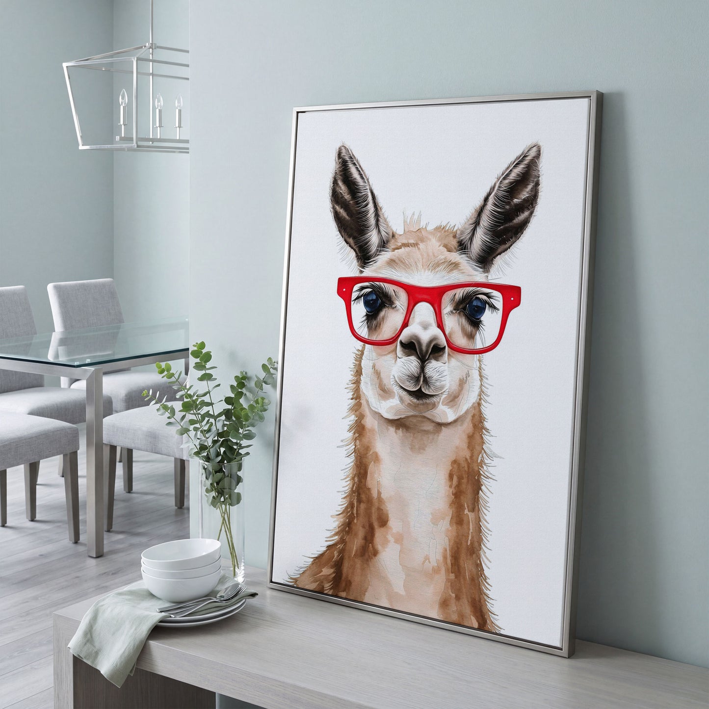 Llama in Red Glasses Canvas Wall Art, Funny Animal Portrait in silver floating frame