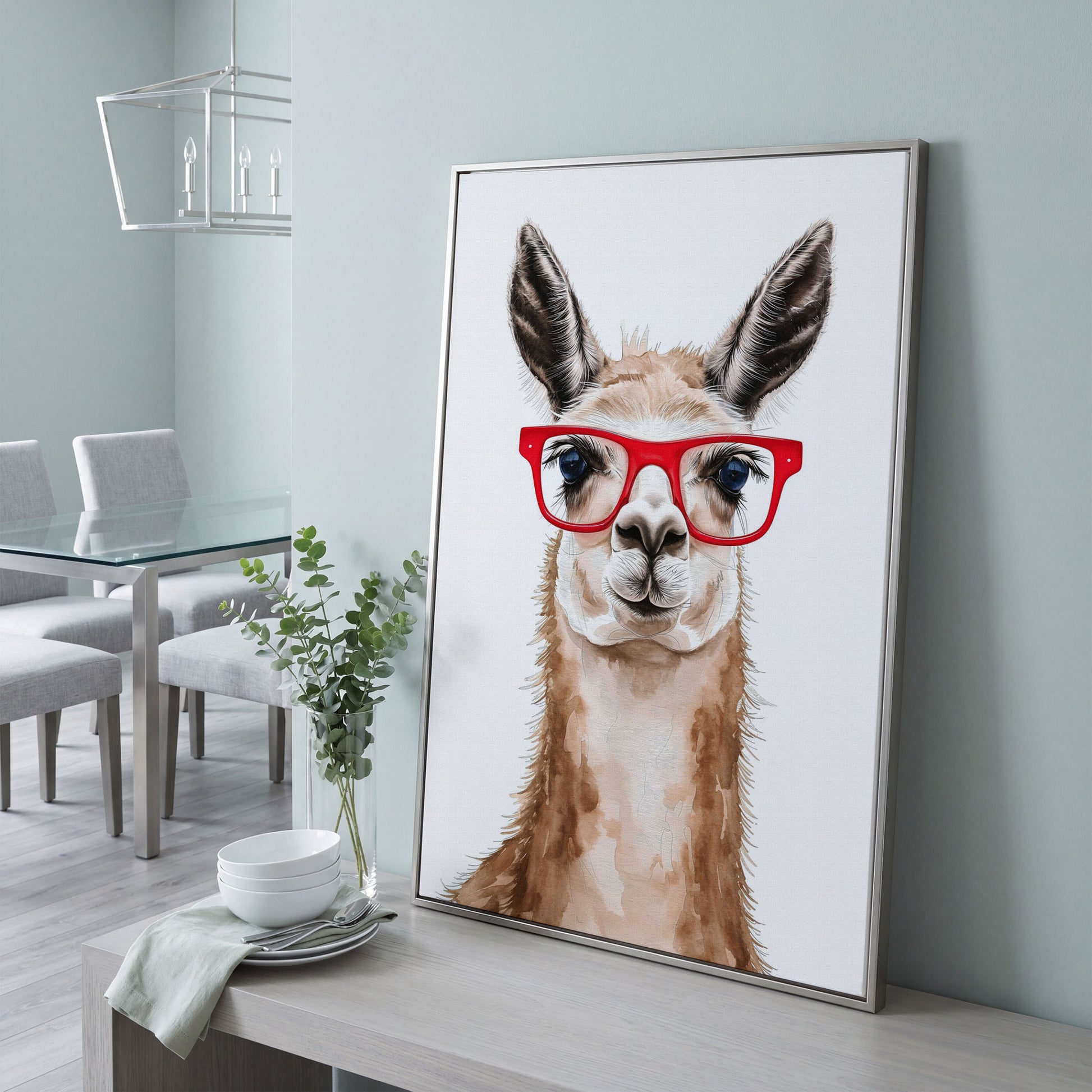Llama in Red Glasses Canvas Wall Art, Funny Animal Portrait in silver floating frame