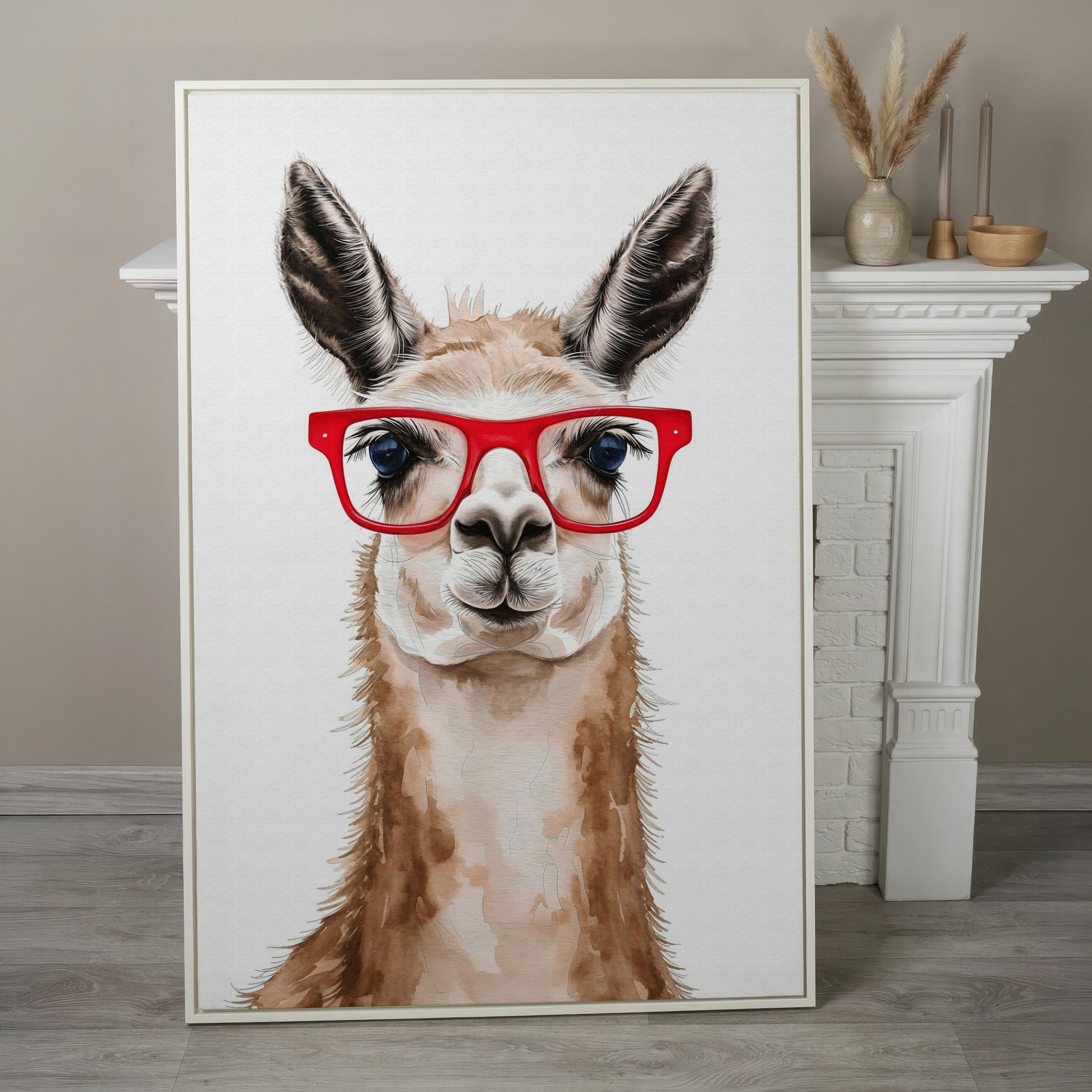 Llama in Red Glasses Canvas Wall Art, Funny Animal Portrait in white floating frame