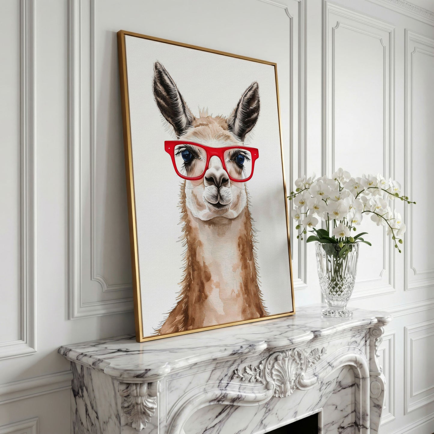 Llama in Red Glasses Canvas Wall Art, Funny Animal Portrait in yellow gold floating frame