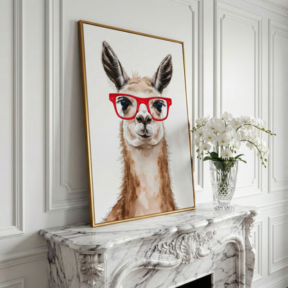 Llama in Red Glasses Canvas Wall Art, Funny Animal Portrait in yellow gold floating frame