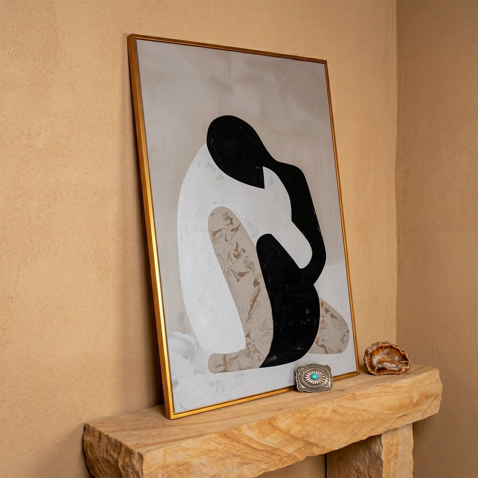 Minimalist Abstract Figure Canvas Art, Black White Beige Portrait in antique gold floating frame