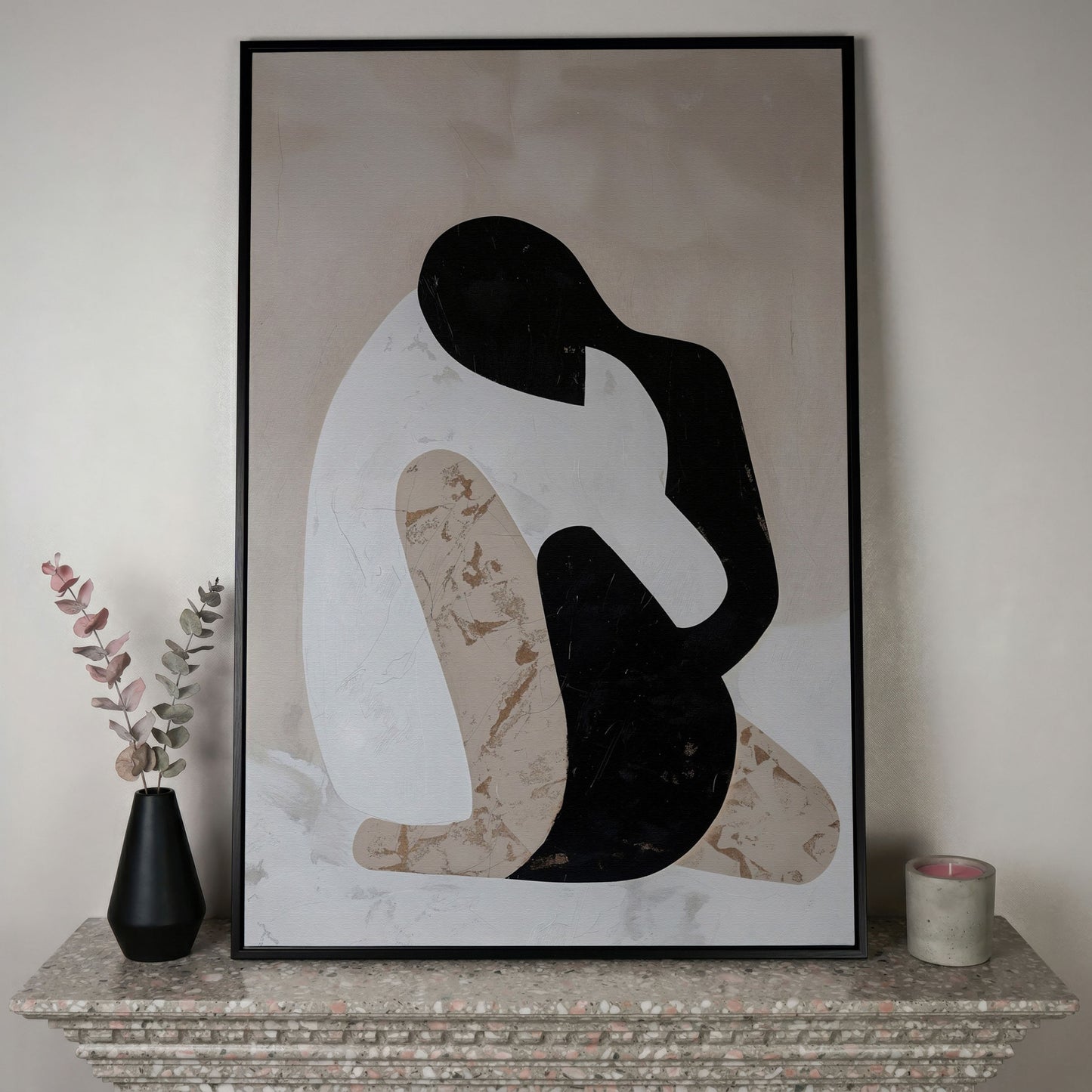 Minimalist Abstract Figure Canvas Art, Black White Beige Portrait in black floating frame