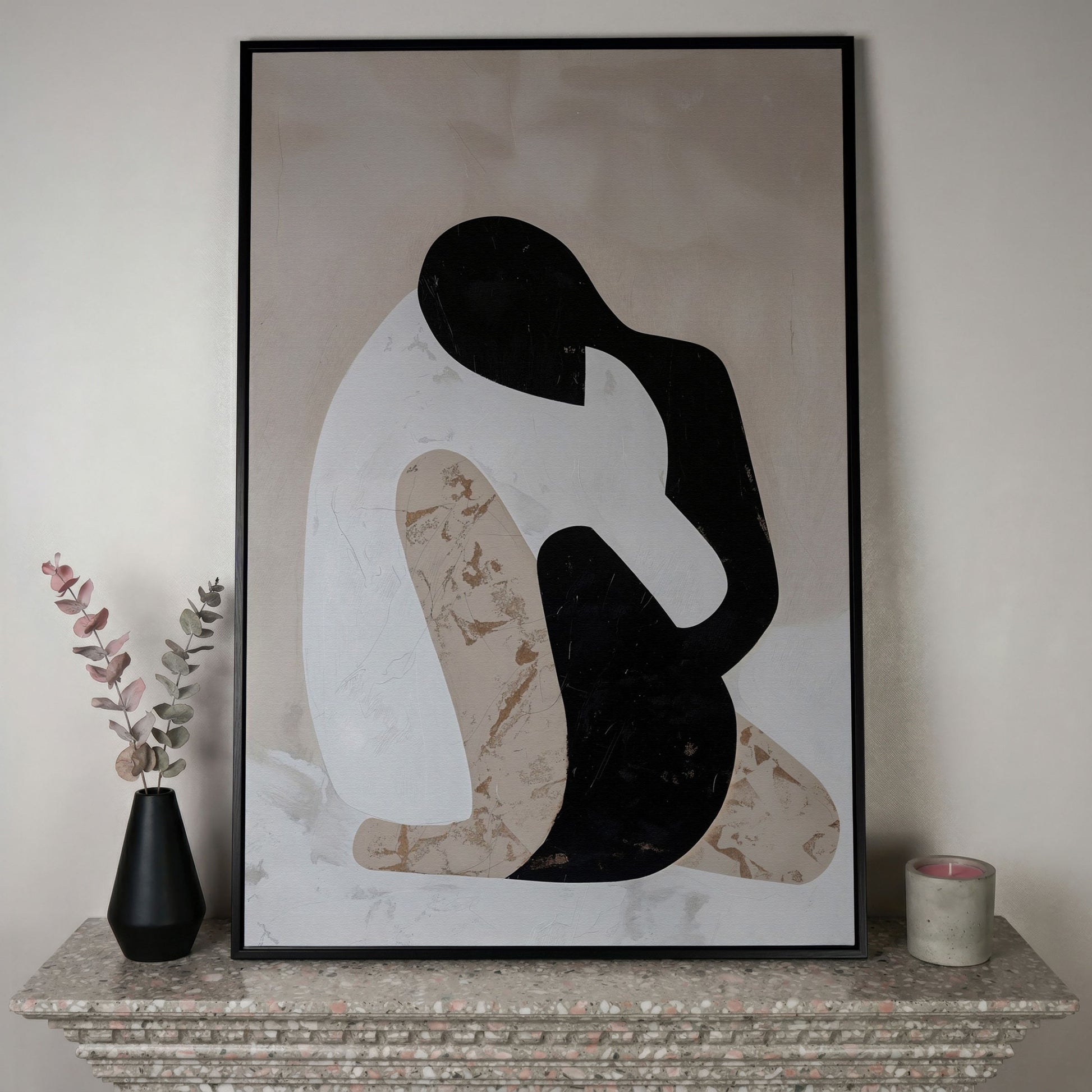 Minimalist Abstract Figure Canvas Art, Black White Beige Portrait in black floating frame