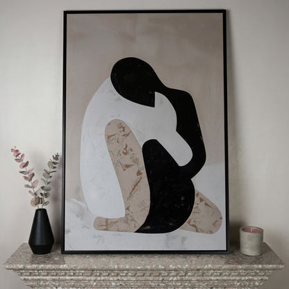 Minimalist Abstract Figure Canvas Art, Black White Beige Portrait in black floating frame