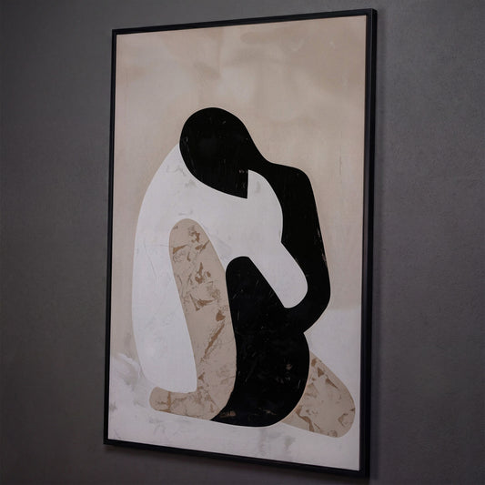 Minimalist Abstract Figure Canvas Art, Black White Beige Portrait shown in black floating frame