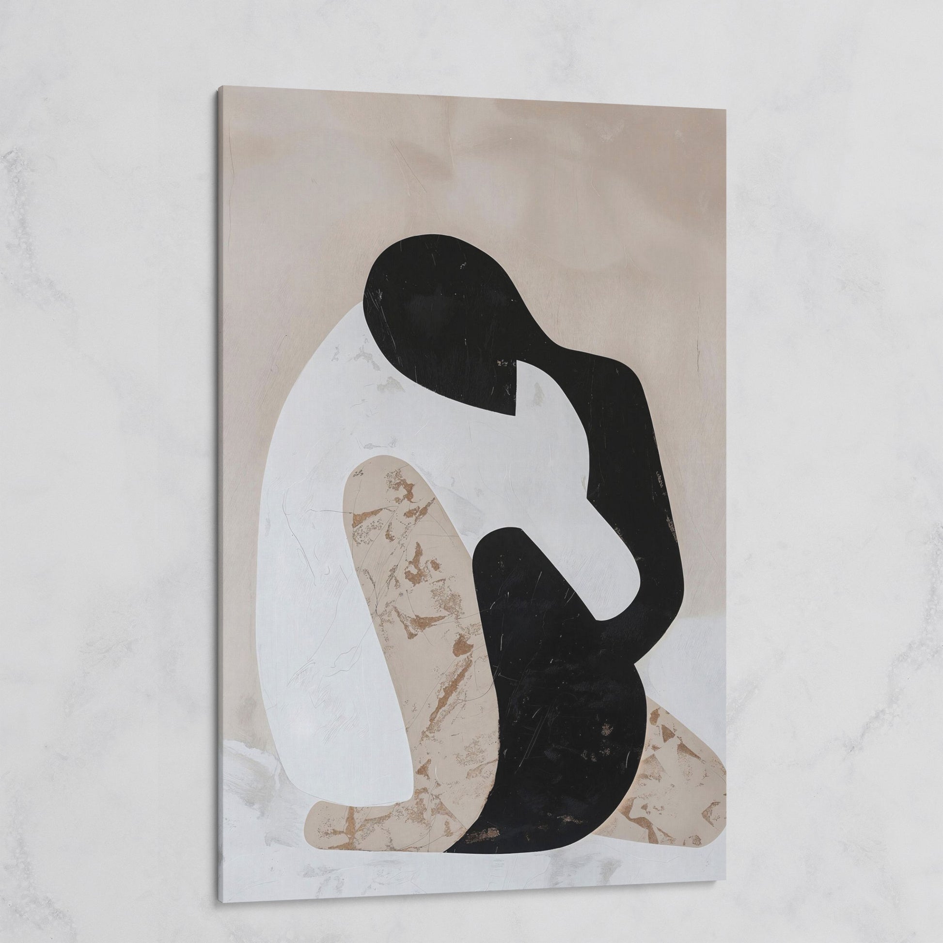 Minimalist Abstract Figure Canvas Art, Black White Beige Portrait on gallery wrap