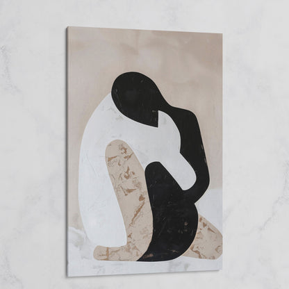 Minimalist Abstract Figure Canvas Art, Black White Beige Portrait on gallery wrap