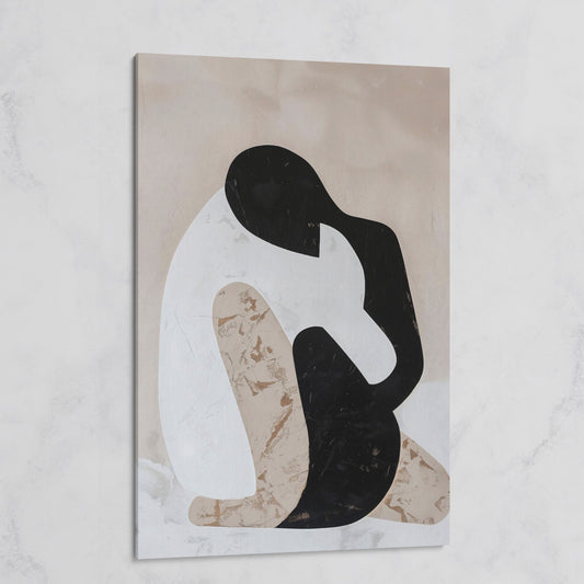 Minimalist Abstract Figure Canvas Art, Black White Beige Portrait on gallery wrap