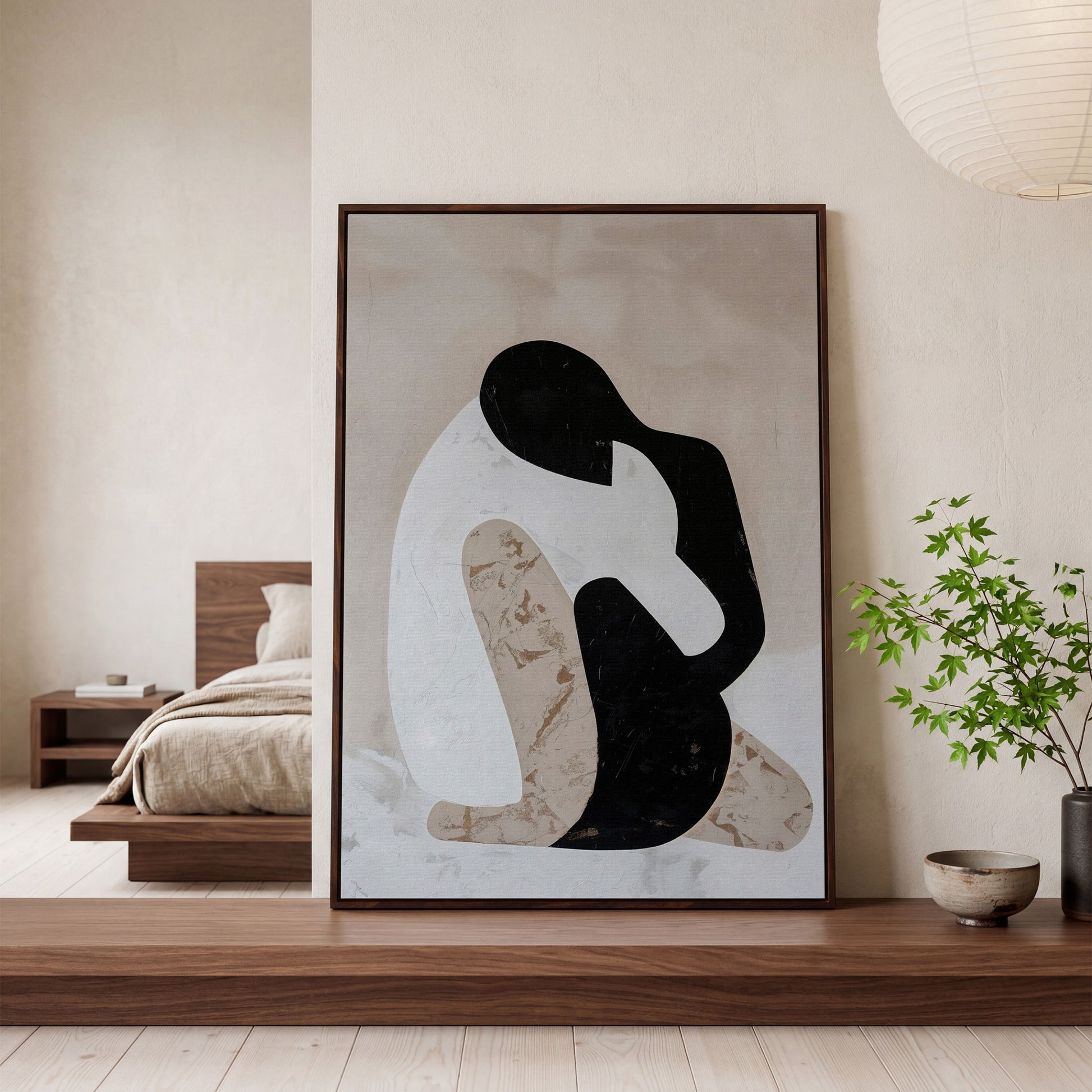 Minimalist Abstract Figure Canvas Art, Black White Beige Portrait in dark walnut floating frame