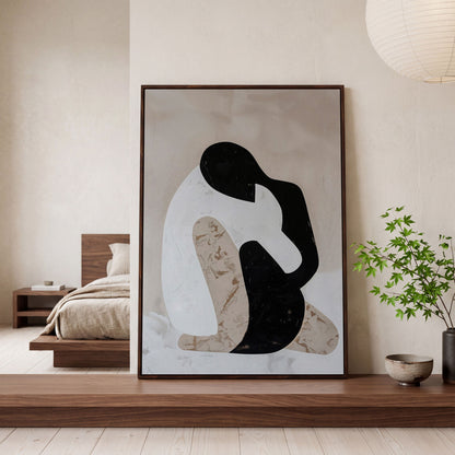 Minimalist Abstract Figure Canvas Art, Black White Beige Portrait in dark walnut floating frame