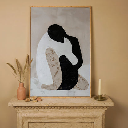 Minimalist Abstract Figure Canvas Art, Black White Beige Portrait in white oak floating frame