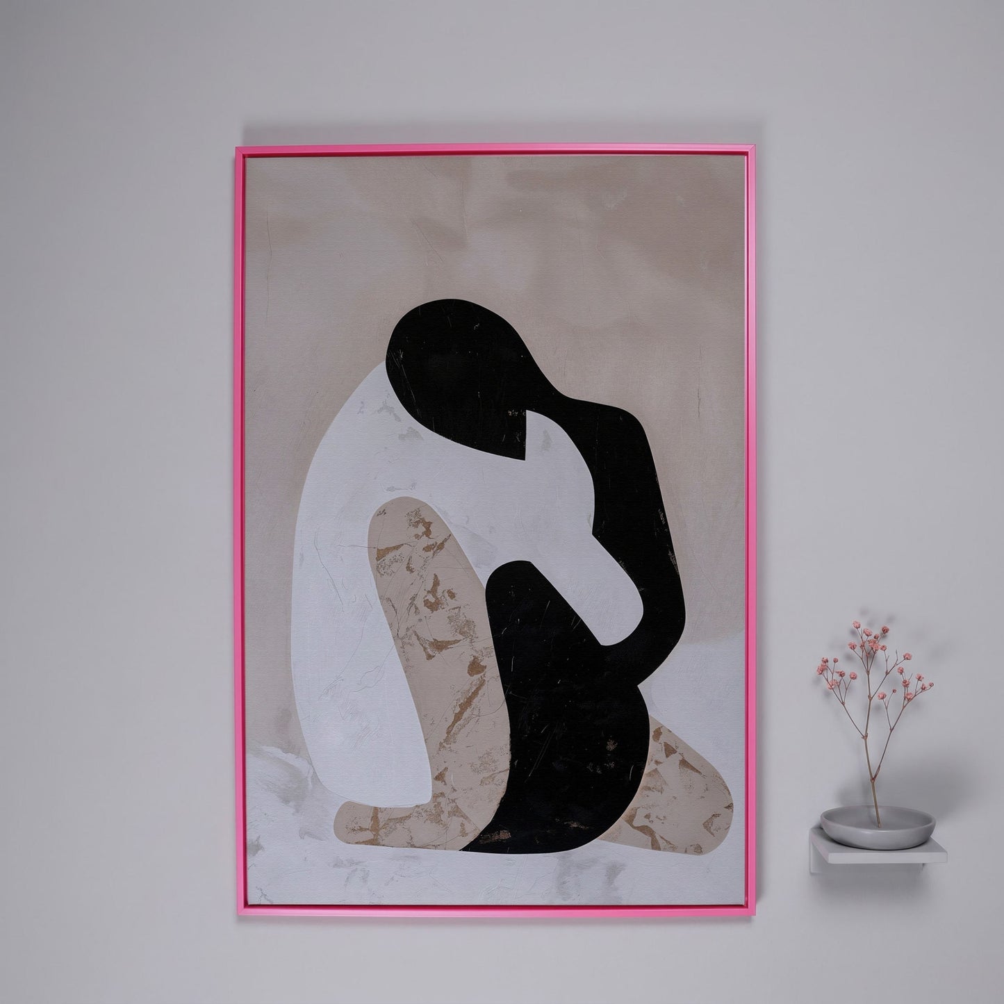 Minimalist Abstract Figure Canvas Art, Black White Beige Portrait in pink floating frame