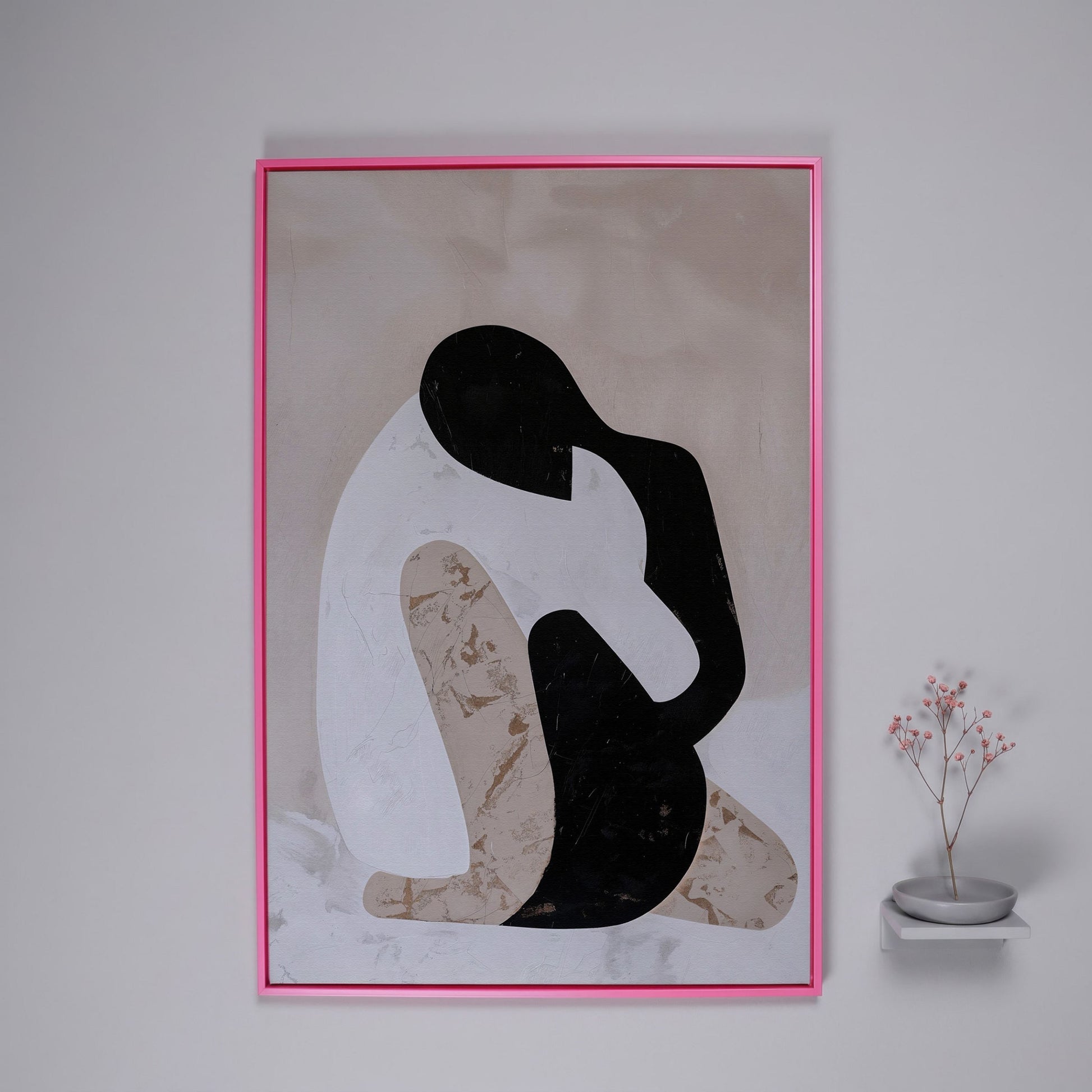 Minimalist Abstract Figure Canvas Art, Black White Beige Portrait in pink floating frame