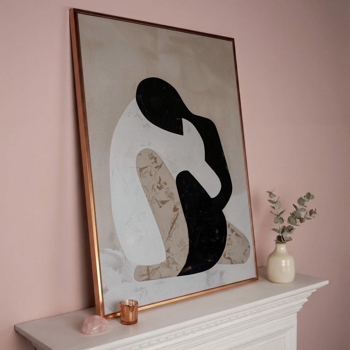 Minimalist Abstract Figure Canvas Art, Black White Beige Portrait in rose gold floating frame