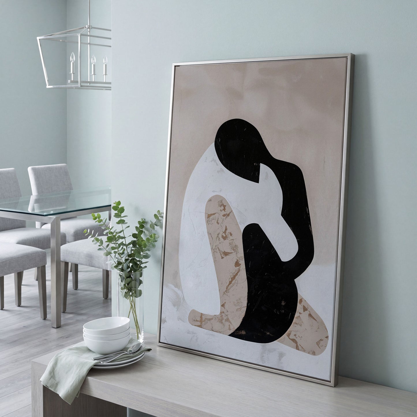 Minimalist Abstract Figure Canvas Art, Black White Beige Portrait in silver floating frame