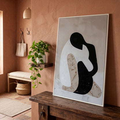 Minimalist Abstract Figure Canvas Art, Black White Beige Portrait in white floating frame