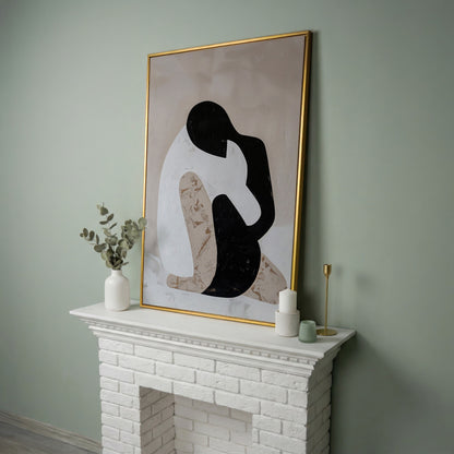 Minimalist Abstract Figure Canvas Art, Black White Beige Portrait in yellow gold floating frame
