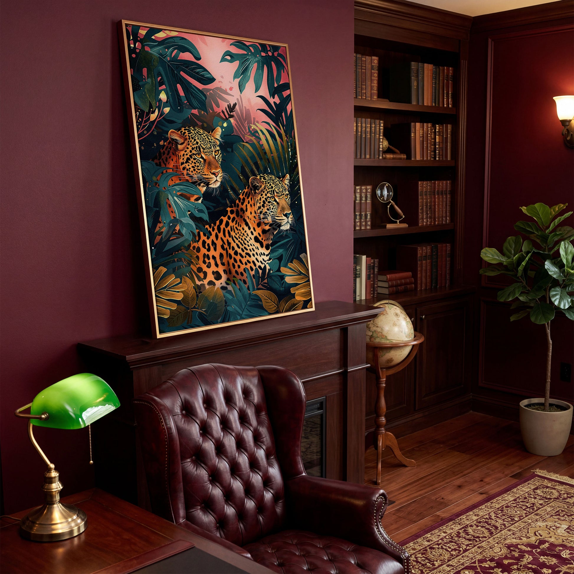 Leopards in Lush Jungle Canvas Print in antique gold floating frame