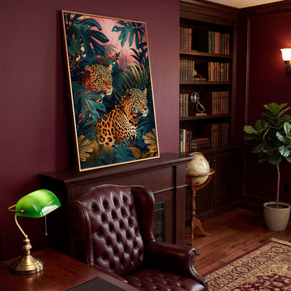 Leopards in Lush Jungle Canvas Print in antique gold floating frame