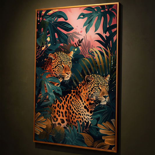 Leopards in Lush Jungle Canvas Print shown in antique gold floating frame