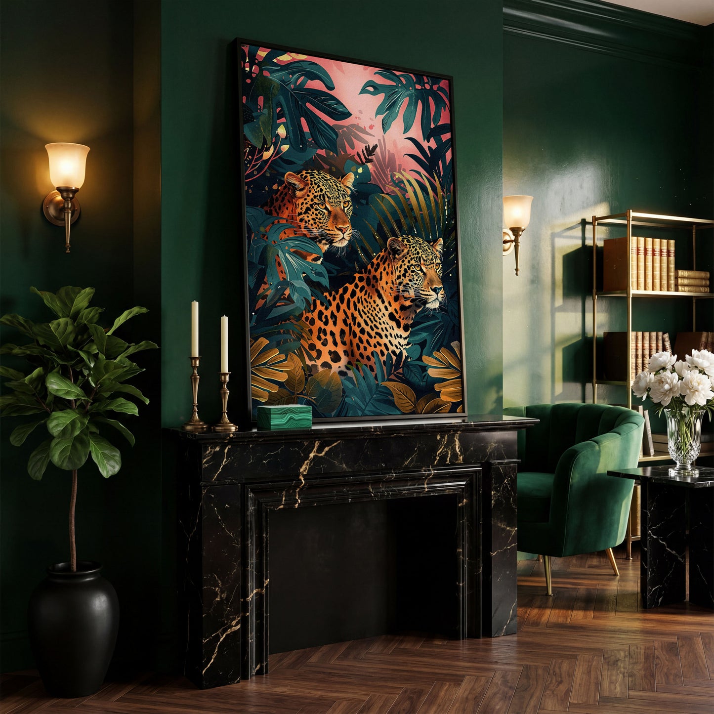 Leopards in Lush Jungle Canvas Print in black floating frame